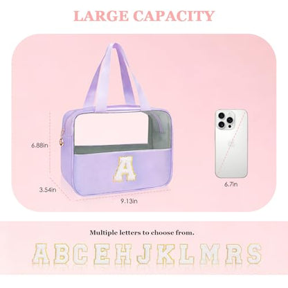 Personalized Initial A Clear Purple Makeup Bag - Large Travel Toiletry Bag, Cute Cosmetic Organizer Set for Girlfriend, Teacher, Teen Girl Gifts - color: Purple, style: A