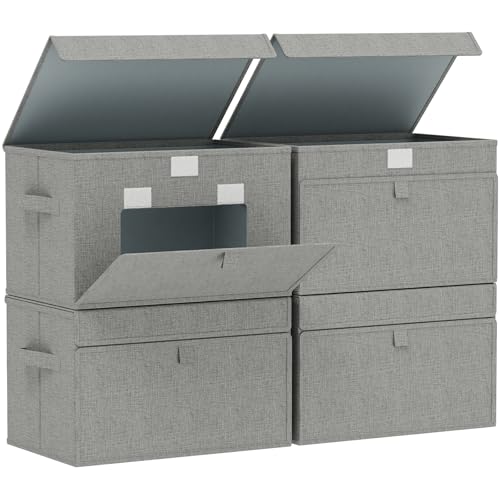 Storage Boxes with Flip Cover, Foldable Bin for Clothes, Cubes with Handles, Decorative Linen Baskets for Home, Bedroom, Closet, 15x9.8x9.8in, Grey, 4 Pack - color: Grey, size: 15x9.8x9.8 in(4 Pack)