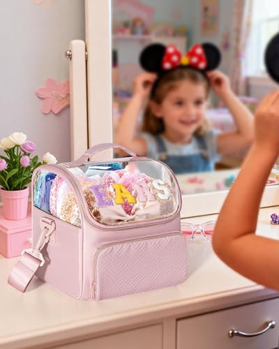 Mouse Ears Travel Case with Detachable Divider, Headband Holder Organizer Bag with Shoulder Strap, Chenille Letter Hair Accessories Storage Box, Pink with Gold Zipper - color: Pink-Gold Zipper