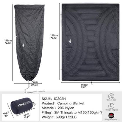 iClimb 3M Thinsulate Insulation Warm Camping Blanket Ultralight Compact - color: Dark Grey, size: 72.8” × 55”, 1.52 lb