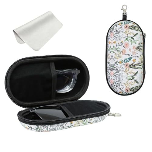 Double Eyeglasses Case, Hard Shell Dual Sunglasses Organizer with Zipper Clip Travel Glasses Storage for Women Men - color: White Flower