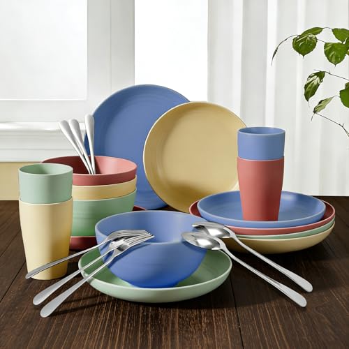 24 Piece Plates and Bowls Sets for 4- Unbreakable Wheat Straw Dinnerware Sets Includes Stainless Steel Forks for Picnic Camping Outdoor Kitchen and Apartment Dinning RV Essentials- Colorful - color: Colorful, size: 24PCS