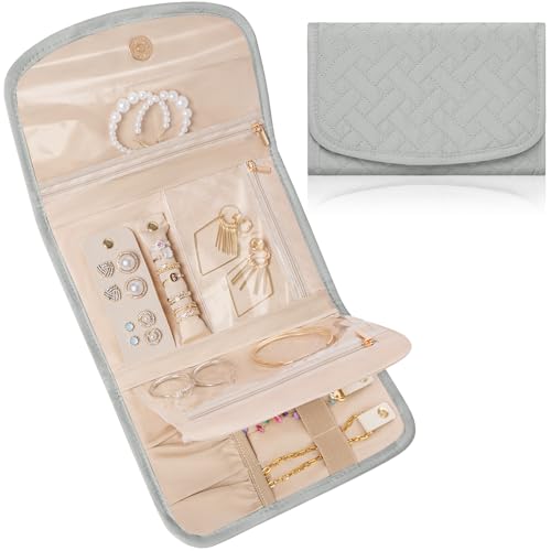 Travel Jewelry Holder Organizer Case, Foldable Jewelry Roll Storage Bag for Necklaces Rings Earrings Bracelets, Large, Grey