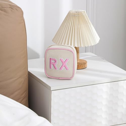 RSRSLEII Small Canvas Rx Medicine Packages, Cute Chenille Letter Patch Drug Makeup Bag with Metal Zipper, Mini Travel First Aid Purse Organizer Machine Washable (04Light-Pink) - color: 04Light-Pink