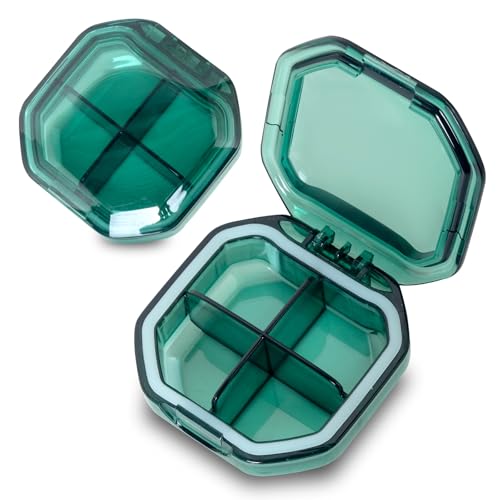 2 Pack Small Pill Organizer, 4 Compartment Pill Box for Travel, 2-Inch Portable Pocket Pill Case for Purse, Vitamin & Supplement Medication Organizer, Travel Essentials Container (Green+Green) - color: Green+green