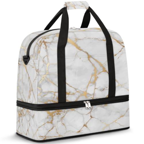 Travel Duffle Bags With Shoes Compartment for Women Men White Gold Marble Lightweigh Sports Tote Gym Bag Marble Foldable Canvas Weekender Overnight Carry On Luggage Handle Bag - color: Z01:White Gold Marble