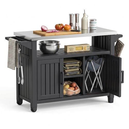 EasyUp Outdoor Storage Cabinet,Patio Storage Table, Bar Table with Wheels,Outdoor Bar Cart for Patio, Poolside and Backyard,Black - color: Black, size: 54.09*20.35*35.31INCH
