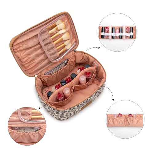 Montana West X Wrangler Travel Makeup Bag 2pcs Set Large Cosmetic Bag with Makeup Brush Holder Portable Make Up Organizer Cute Toiletry Bag with Divider and Handle for Women Leopard - color: Leopard-Khaki