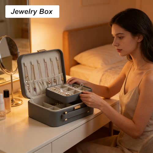 Jewelry Box for Women, Travel Jewelry Organizer Ladies Watch and Jewelry Case Travel Jewelry Case for Necklaces. (Grey) - color: Grey-2