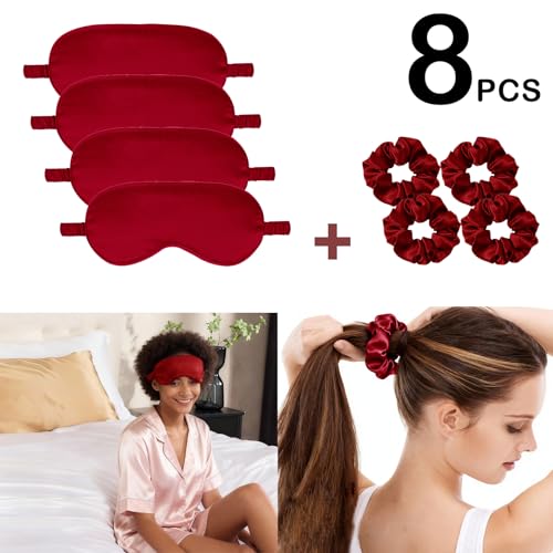 Satin Eye Mask 8Pcs Silk Sleep Masks Silky Blindfold Eyeshade Blackout Eyes Cover Scrunchies Hair Ties Travel Wedding Gifts - color: Dark Red