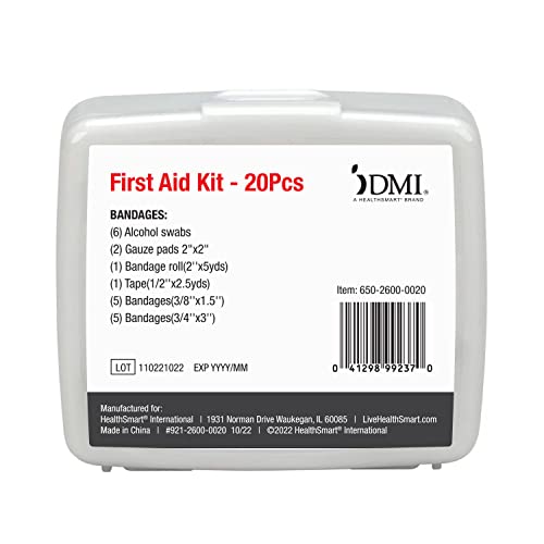 DMI First Aid Kit, Mini 20 Piece Kit, Small and Compact All Purpose Use for Minor Cuts and Scrapes, Durable Water Resistant Case, Convenient and Portable, White, 1 Count - size: 20 Piece