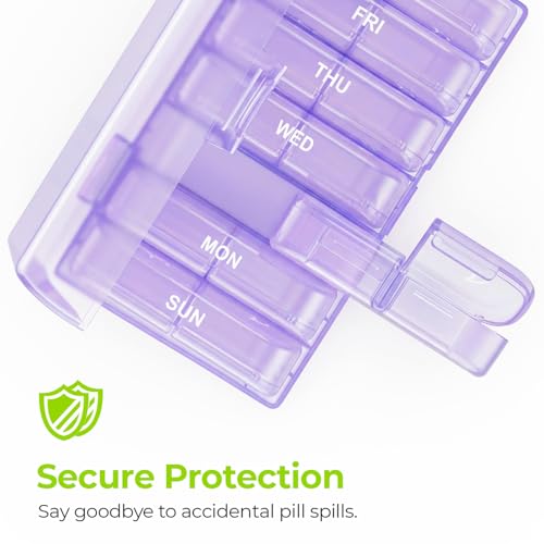 AUVON XL Weekly Pill Organizer 2 Times a Day, Pill Box 7 Day with One-Side Large Openings for Easy to Use, Black Privacy Protection AM PM Pill Case for Medication, Vitamins, Fish Oils, Supplements - color: Light Purple
