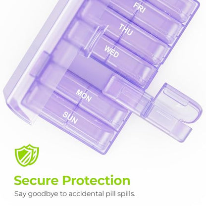 AUVON XL Weekly Pill Organizer 2 Times a Day, Pill Box 7 Day with One-Side Large Openings for Easy to Use, Black Privacy Protection AM PM Pill Case for Medication, Vitamins, Fish Oils, Supplements - color: Light Purple