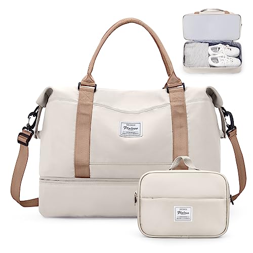 Weekender Bags for Women,Personal Item Travel Bag with Shoes Compartment,Overnight Travel Duffel Bag with Toiletry Bag - color: Beige & Brown, size: Large