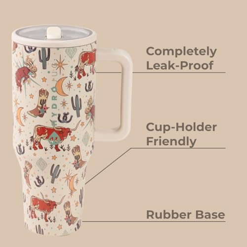 HydroJug Traveler - 40 oz Water Bottle with Handle & Flip Straw - Fits in Cup Holder, Leak Resistant Tumbler-Reusable Insulated Stainless Steel & Rubber Base - Gifts for Women & Men, Rodeo - color: Rodeo, size: 40oz