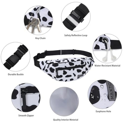 MAXTOP Large Crossbody Fanny Pack with 4-Zipper Pockets,Gifts for Enjoy Sports Festival Workout Traveling Running Casual Hands-Free Wallets Waist Pack Phone Bag Carrying All Phones - color: Cow Print White, style: Large Fanny Pack(4 Zipper Pockets)