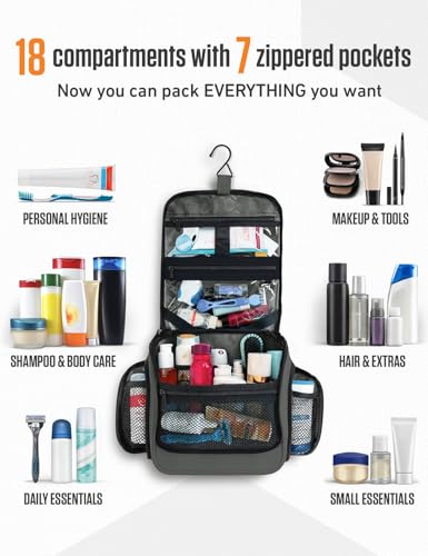 VENTURE 4TH Hanging Travel Toiletry Bag for Women & Men – Large Toiletry Organizer with 18 Compartments, Removable TSA Pouch, Travel Wash Bag for Toiletries, Makeup & Shaving Kit (Shadow Gray) - color: Shadow Gray