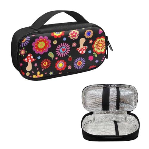 Hippie Flower Diabetic Care Organizers for Women Men, Mushroom Print Insulin Cooler Travel Case Portable Ultra-Light Medication Cooler for Diabetic Supplies - color: Hippie Flower Mushroom