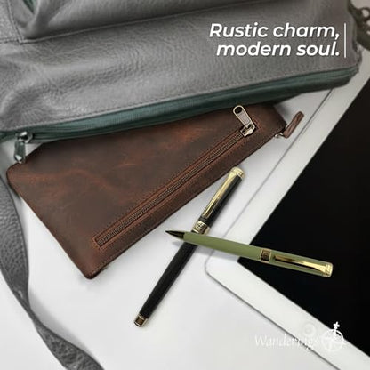 WANDERINGS Genuine Leather Pencil Pouch Case 9" x 5.25" - Hand Crafted Brown Leather Zipper Pouch - Slim Pencil Case Holder for Men and Women - Pencil Bag for Artists Students Professionals - size: Regular (9"x5.25")