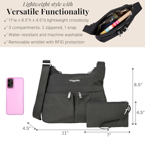 Baggallini Crossbody Travel Bag 11x8.5 Lightweight Water-resistant Nylon Handbag - color: Charcoal