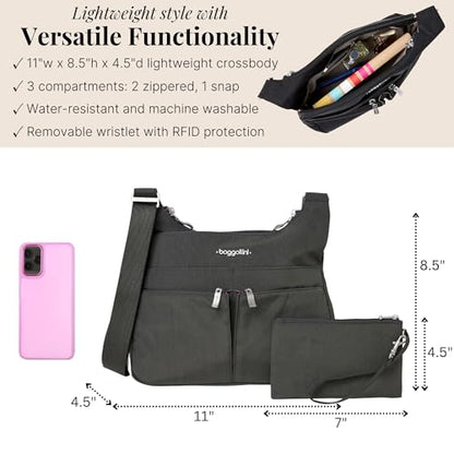 Baggallini Crossbody Travel Bag 11x8.5 Lightweight Water-resistant Nylon Handbag - color: Charcoal