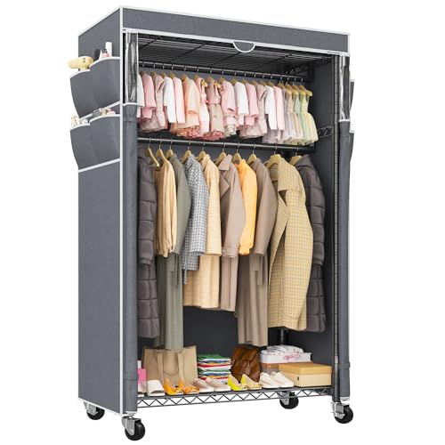 Raybee 35.5" W Rolling Clothes Rack with Cover, Clothing Racks for Hanging Clothes, Heavy Duty Portable Closet with Wheels, Garment Rack for Bedroom, 10-min Assembly, Black - color: Black, size: 35.5"W