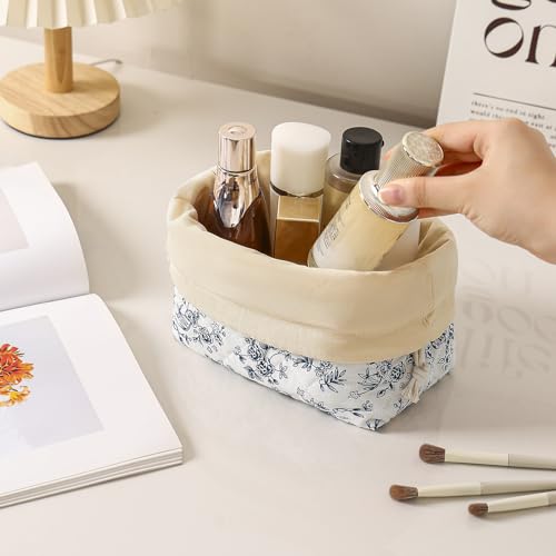 uekeboag Cotton Quilted Drawstring Makeup Bag with Canvas Lining,Coquette Aesthetic Cute Travel Toiletry Bag,Drawstring Gift Bag for Women and Girls（16Dark Blue） - color: 16Dark Blue