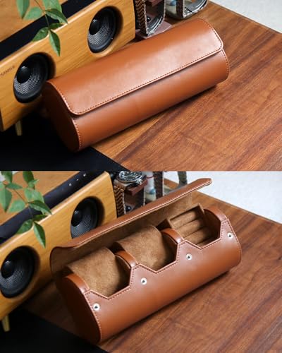 Watch and Cufflink Box Organizer Case for Men, Cufflink Watch Case Travel Roll, Portable 2 Slot Watch and Cufflink Display Storage with Velvet to Holder Large Watch, Cufflink Ring Travel Case - color: Light Brown 2 Slot Watch and 1 Slot Cufflink box