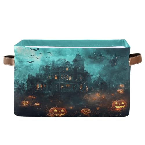 Halloween Castle Storage Basket with Waterproof Liner and PU Handles Spooky Bat Pumpkin Lantern Storage Bins Boxes 14.2" Collapsible Decorative Organizer Baskets for Bedroom Closet Office 1 Pack - color: Halloween Castle, size: 1 Pack
