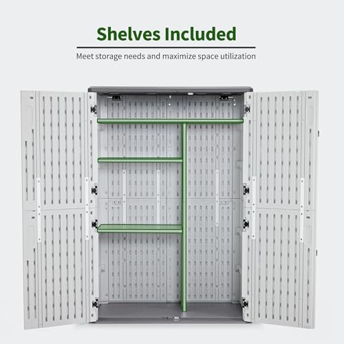 Macrout 50 Cu.Ft Plastic Outdoor Storage Cabinet with Shelves, 4.3 x 2.5 ft Waterproof Resin Outdoor Storage Shed with Floor, Lockable Vertical Shed for Garden and Patio - size: Medium