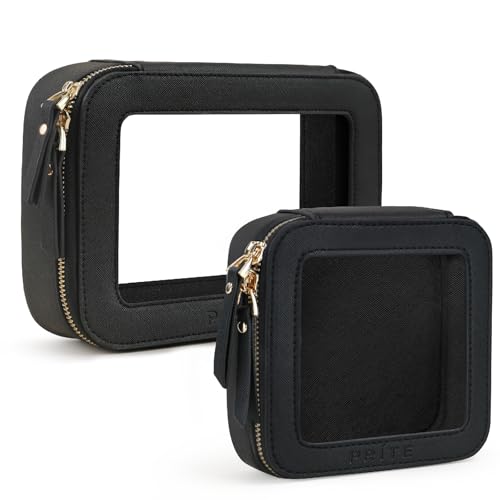 Prite Clear Makeup Bag Set for Women Portable Clear Makeup Bag Cute Waterproof Travel Cosmetic Bag with Gold Zipper for Car Essentials(Black) - color: Black, size: Set - Standard and Mini