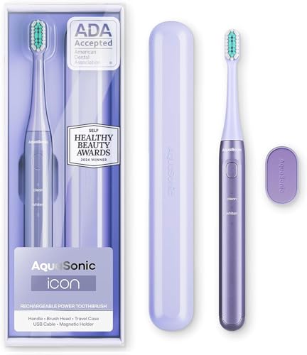 Aquasonic Icon ADA-Accepted Rechargeable Toothbrush | Magnetic Holder & Slim Travel Case | 2 Brushing Modes & Smart Timers | Gentle Micro-Vibrations (Lilac) - color: Lilac