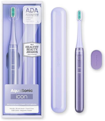 Aquasonic Icon ADA-Accepted Rechargeable Toothbrush | Magnetic Holder & Slim Travel Case | 2 Brushing Modes & Smart Timers | Gentle Micro-Vibrations (Lilac) - color: Lilac