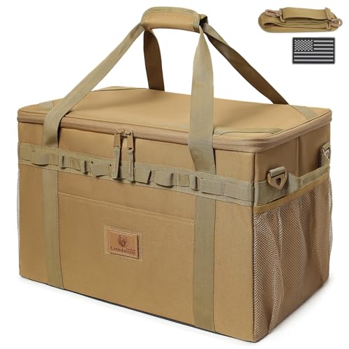 Tactical Camping Storage Bag Utility Tote Bag Camping Kitchen Organizer with Axe Holder & Shoulder Strap - color: Coyote Brown, size: Medium (38L)