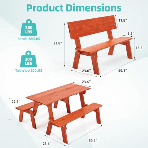 AVAWING Outdoor Convertible Bench, 2-in-1 Transforming Picnic Table Bench, Wooden Garden Bench for Backyard, Porch, Patio, Tangerine
