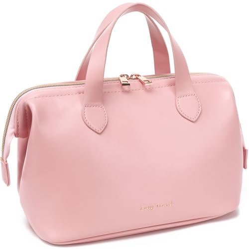 Fammart Travel Makeup Bag, Large Wide-open Cosmetic Bag Make Up Organizer Case for Women, Waterproof PU Leather Toiletry Bag Skincare Pouch for Toiletries Accessories Brushes - color: PU, Wide Open - Pink