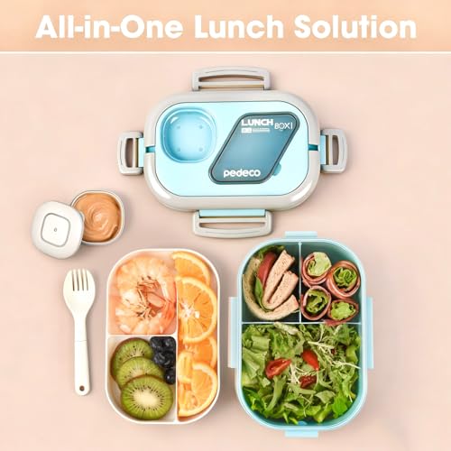 PEDECO Lunch Containers Bento Box Set for Adults & Kids with Insulated Bag, Leakproof 3-Compartment and 2-Tier Stackable Container with Portable Sauce Pod, Microwave/Dishwasher Safe, BPA-Free (Blue) - color: Blue