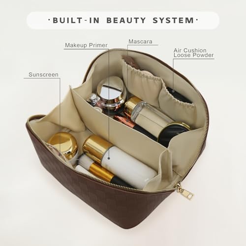 Travel Makeup Bag – Large Cosmetic Organizer with Waterproof PU Leather, Smooth Double Zipper & Tear-Resistant Lining, Toiletry Pouch for Women (Brown) - color: 02-Brown