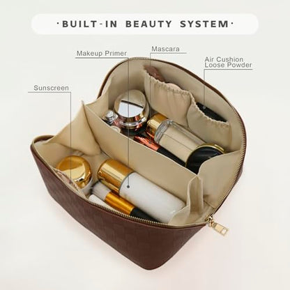 Travel Makeup Bag – Large Cosmetic Organizer with Waterproof PU Leather, Smooth Double Zipper & Tear-Resistant Lining, Toiletry Pouch for Women (Brown) - color: 02-Brown