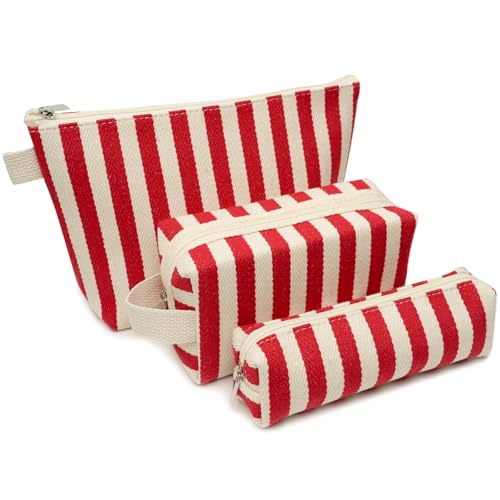 3 Pcs Makeup Bag Set Striped Canvas Purse Cosmetic Bag For Women Travel Toiletry Pouch Organizer pencil case (Red-White) - color: Red-White