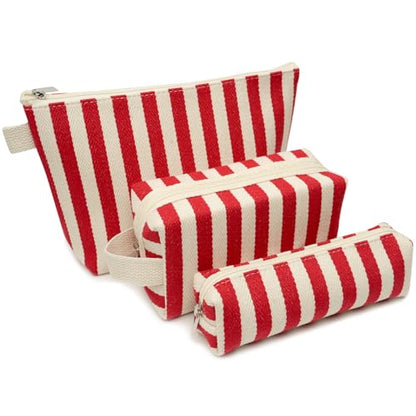 3 Pcs Makeup Bag Set Striped Canvas Purse Cosmetic Bag For Women Travel Toiletry Pouch Organizer pencil case (Red-White) - color: Red-White