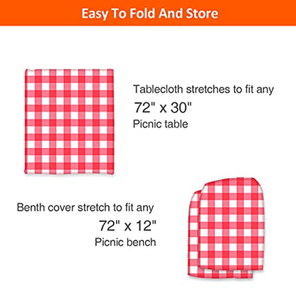 6ft Picnic Table and Bench Cover, Camping Essentials RV Gear, 72in Waterproof Windproof Outdoor Elastic All Around Tablecloth, Fitted Rectangle Tables and Seats, Red-White Checkered - color: Red-white Checkered, size: 72"