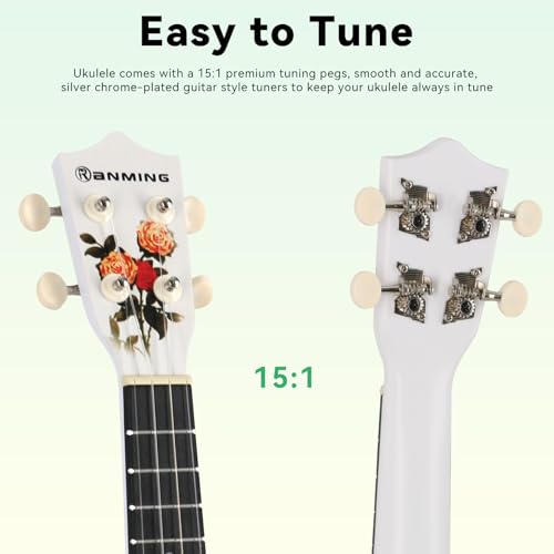 RANMING Ukulele 21 inch ukelele 4-String Ukulele Starter Kit with Strap, Picks,Carbon Strings Portable Plastic uku for Music Education Outdoor Travel Holiday Gifts Flower - color: white