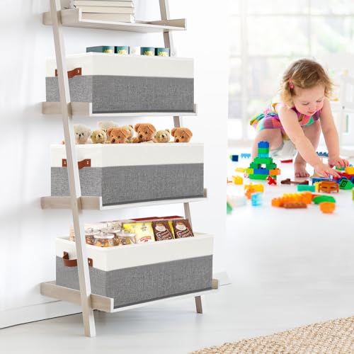 3 Pack Large Capacity Storage Bins Closet Organizer for Shelves, Fabric Closet Storage Baskets Boxes with Leather Handles for Organizing Clothes, Sheets, Jeans, Toys, Books (Grey) - style: 3 Pack Grey & White