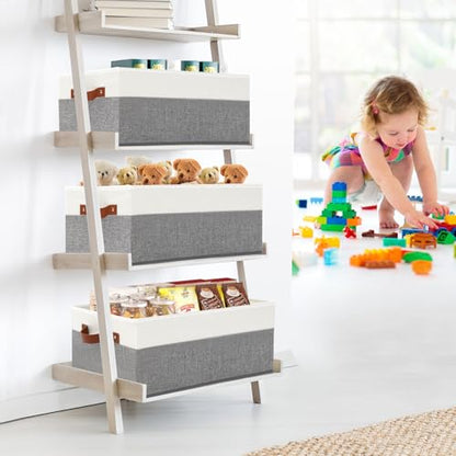 3 Pack Large Capacity Storage Bins Closet Organizer for Shelves, Fabric Closet Storage Baskets Boxes with Leather Handles for Organizing Clothes, Sheets, Jeans, Toys, Books (Grey) - style: 3 Pack Grey & White