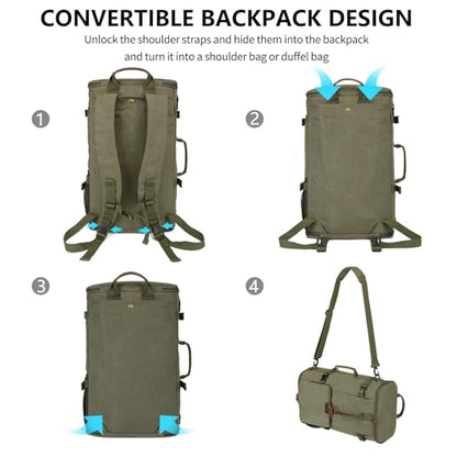 G-FAVOR Travel Backpack for Men, 40L Flight Approved Carry On Backpack, Water Resistant Canvas Rucksack with 17.3" Laptop Sleeve, Convertible Duffel Bag for Airplane, Business & Travel - color: Green