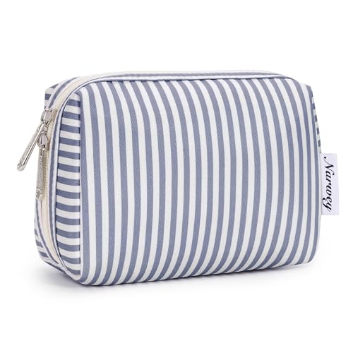 Narwey Small Striped Makeup Bag for Purse Mini Cosmetic Bag Travel Makeup Pouch Zipper Pouch Cute Make up Bags with Compartments for Women Girls (Greyish Blue Stripe, Small) - color: A-Greyish Blue Stripe, style: Small