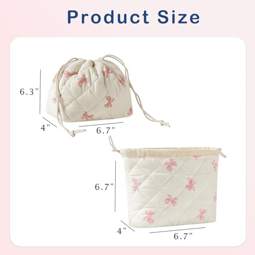 uekeboag Cotton Quilted Drawstring Makeup Bag with Canvas Lining,Coquette Aesthetic Cute Travel Toiletry Bag,Drawstring Gift Bag for Women and Girls（09Little Pink Bow） - color: 09Little Pink Bow