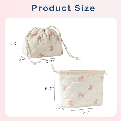 uekeboag Cotton Quilted Drawstring Makeup Bag with Canvas Lining,Coquette Aesthetic Cute Travel Toiletry Bag,Drawstring Gift Bag for Women and Girls（09Little Pink Bow） - color: 09Little Pink Bow