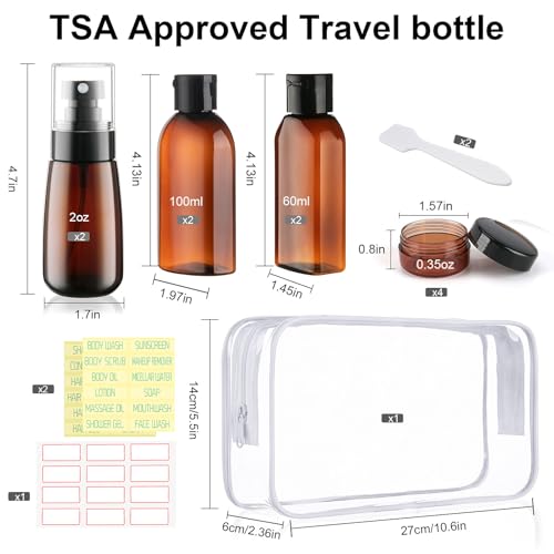 Travel Shampoo Bottles for Toiletries 10 Pack TSA Approved Travel Size Containers Leak Proof Plastic Small Cream Jars & Refillable Spray Bottle for Shampoo, Conditioner, Body Wash - color: C-Amber